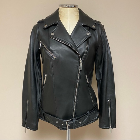 NWT Michael Kors Belted Moto Leather Jacket - Picture 2 of 8